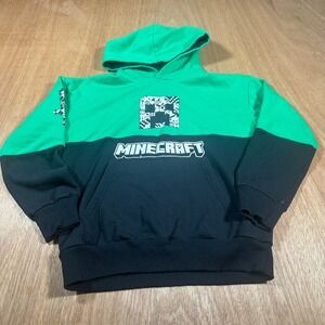 Minecraft Pullover Hoodie Kids Size 8 Green Black Creeper Sword Graphic Fleece